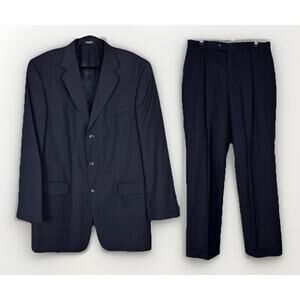 Alfani 2 Piece Navy Blue Pin-Striped Wool Suit 44L Jacket 34x32 Trouser Pant Set